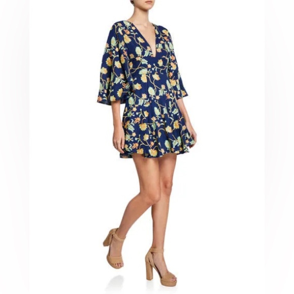 Mestiza V-Neck Mini Dress Floral Embroidered Kimono Sleeve Linen Blend 12